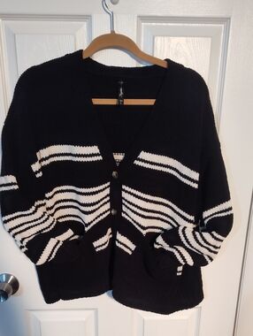Striped Black & White V-Neck Cardigan Sweater